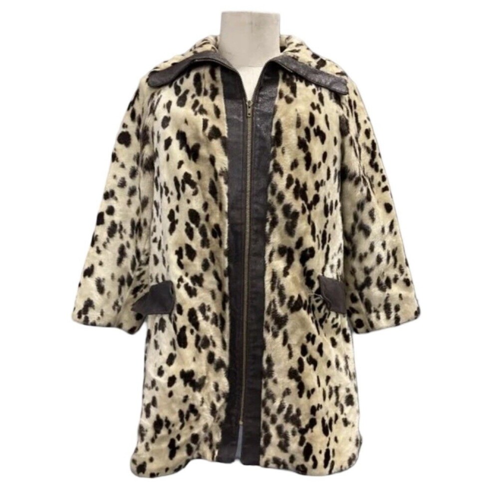 Vintage 1960s Faux Leopard Coat Safari Sportowne La France Swing Women’s Size 8